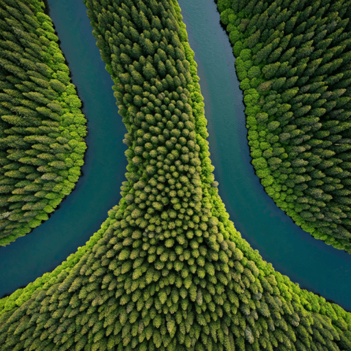 expansive aerial shot of a majestic winding river through emerald green wetlands and forests under a soft hazy sunlight